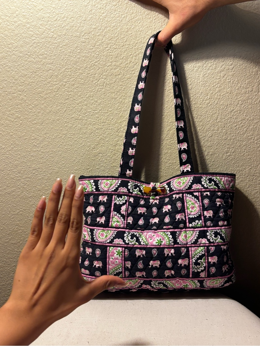 Vera Bradley elephant Patchwork Small Tote Bag - Black & Pink